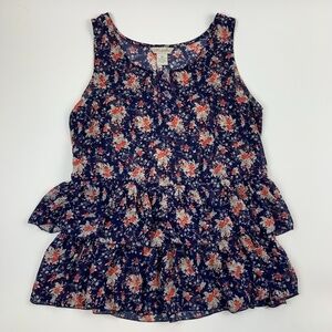 Fun And Flirt Tank Top Womens Med Round Neck Ruffles Accent Buttons Floral Blue
